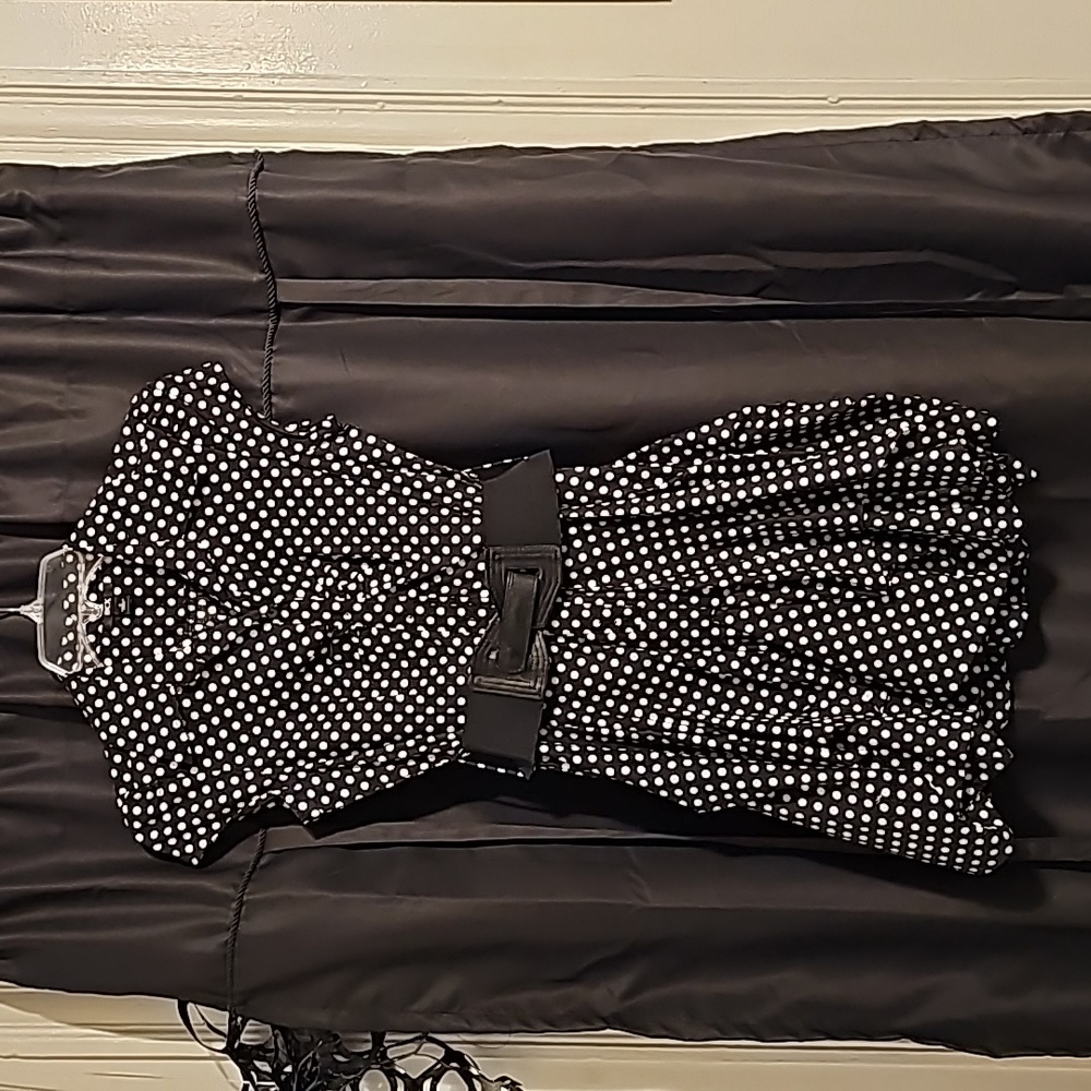 BCX Black and White Polka Dots Poofed Botton with Waist Belt Pin Up Style